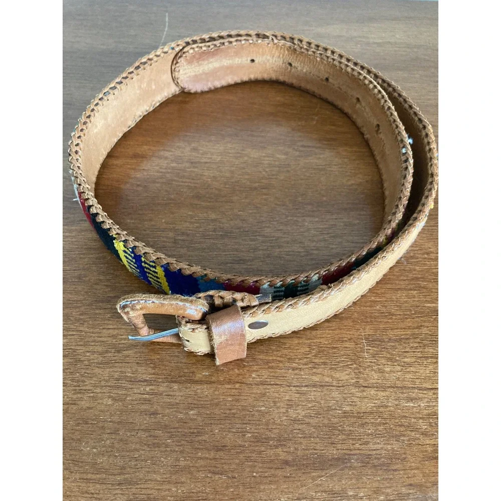 Vintage Guatemalan Woven‎ Leather Belt Tan Multi Color Boho Southwestern Size 34